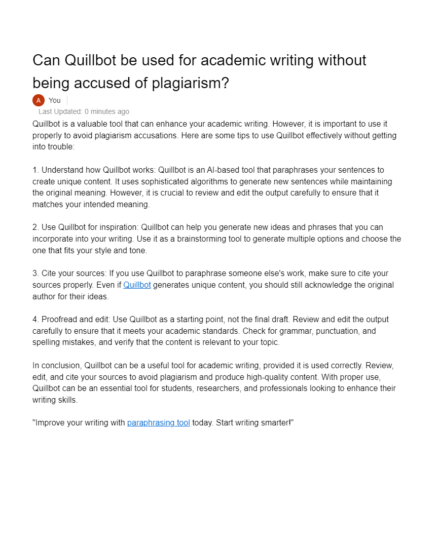 Can Quillbot be used for academic writing without being accused of