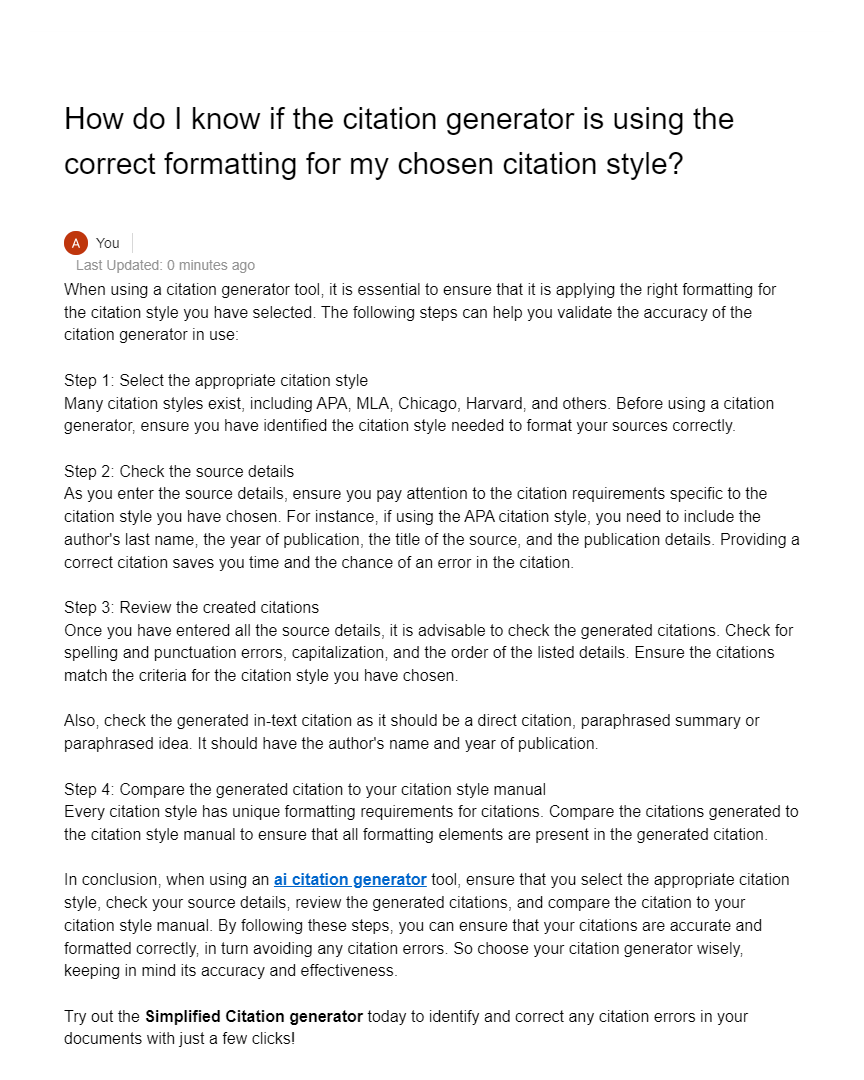 How do I know if the citation generator is using the correct formatting